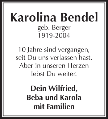 Traueranzeige von Karolina Bendel von Pegnitz-Zeitung